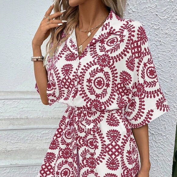 Pink Boho Ladies' Printed Leisure Vacation Batwing Sleeve Belted Romper - Picture 4 of 5